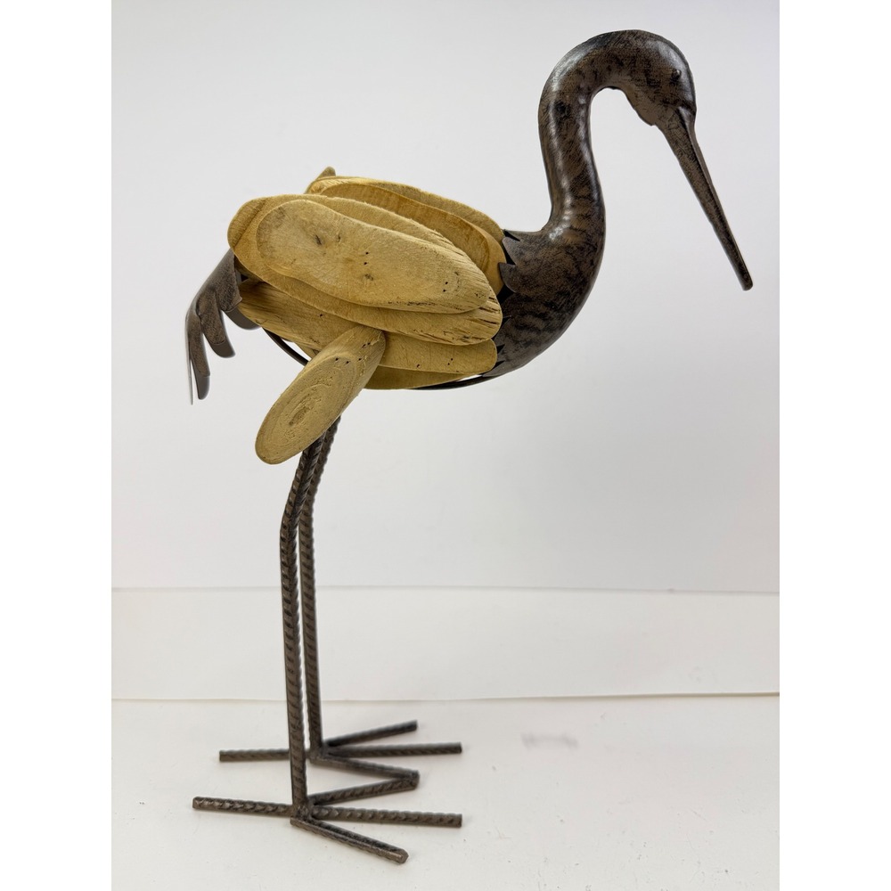 MCM Rustic Metal and Wood Bird Sculpture Heron Crane Figurine Coastal Decor